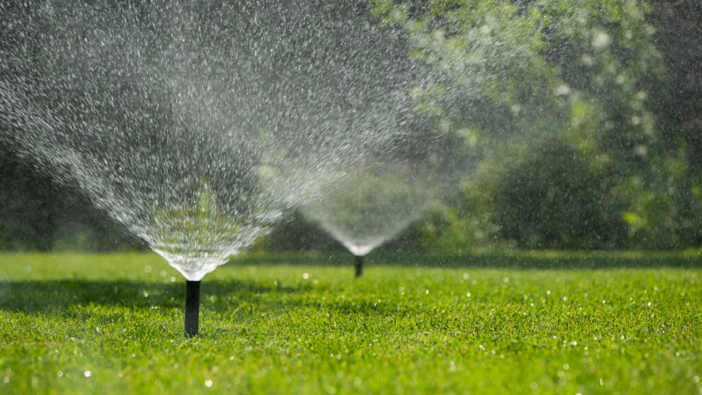 Several automatic sprinklers spray fine droplets of water over a vibrant green lawn on a sunny day.