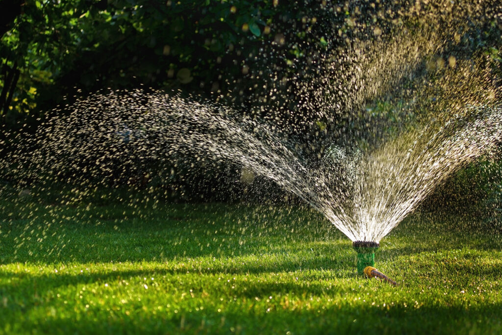 Automatic garden lawn sprinkler in action watering grass